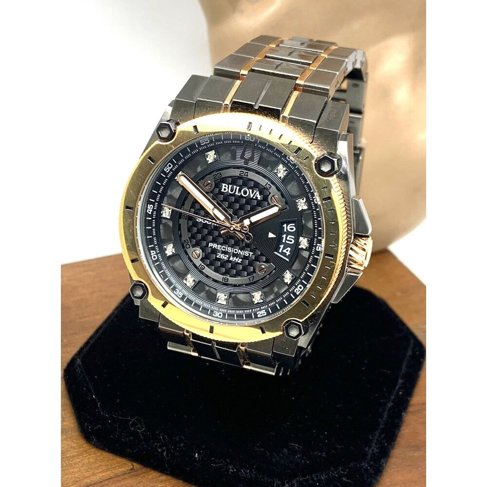 Bulova Men's Watch Precisionist 98D149 Diamond Dial Date Grey & Rose Gold Steel